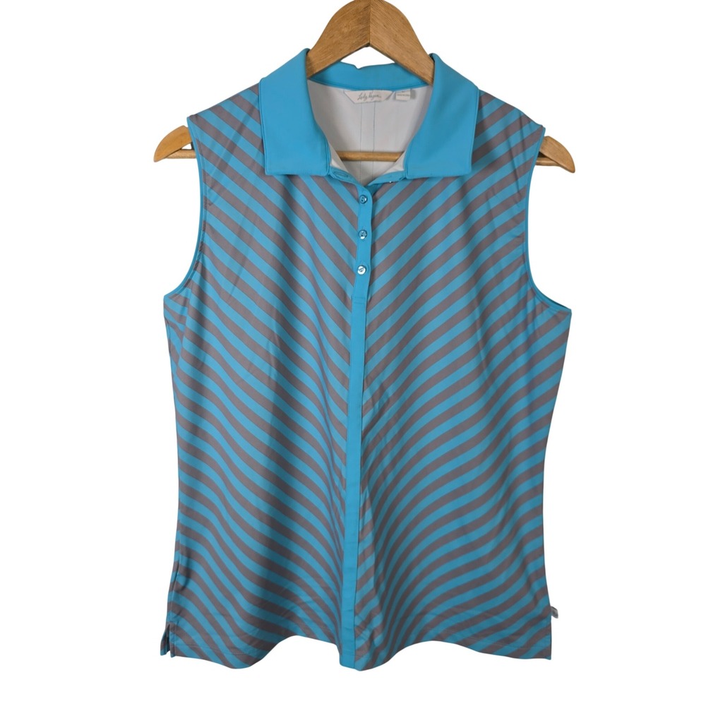 Lady Hagen Womens Large Blue Gray Chevron Striped Sleeveless Golf Polo Shirt L